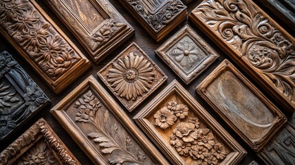 A collection of intricately carved wooden frames, each featuring unique designs and patterns, arranged in a diagonal pattern on a wooden surface.