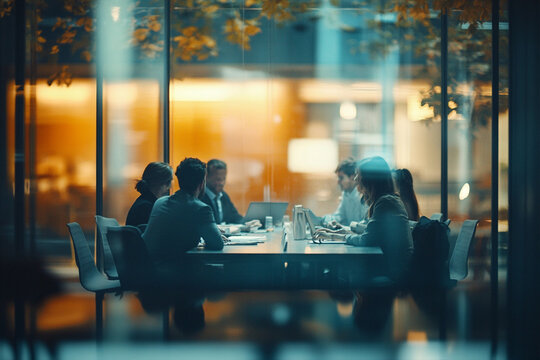Un grupo de empresarios sentados alrededor de una mesa en una oficina, trabajando juntos en sus proyectos. La escena est&aacute; captada a trav&eacute;s de paredes de vidrio con un fondo borroso y la luz natural