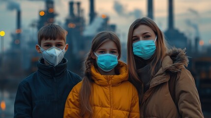 Family wearing masks outdoors against industrial background during pollution awareness.