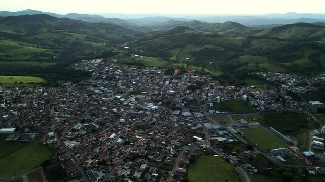an aerial panoramic view of the municipality of Bueno Brandao south of Minas Gerais surrounded by the wide Mantiqueira mountain range - Brazil