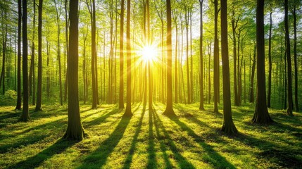 Fototapeta premium Soft, early morning sunlight illuminates the forest floor, casting long shadows and leaving space for text amid the trees.