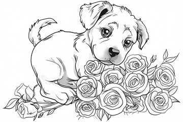 Fototapeta premium A cute, illustrated puppy with big eyes resting beside a bouquet of roses, exuding innocence and charm.