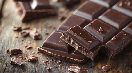 Dark chocolate bar on a rustic wooden surface