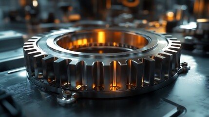 Rotating metallic gear wheel representing collaborative success teamwork and technological advancement