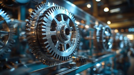 Fototapeta premium Shiny metal gears rotating seamlessly teamwork and technology concept illustrating efficient synchronization