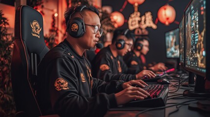 Obraz premium Four professional gamers are fully engaged in gameplay, each in their own gaming setup, featuring colorful lighting and Chinese lanterns typical for an esports event