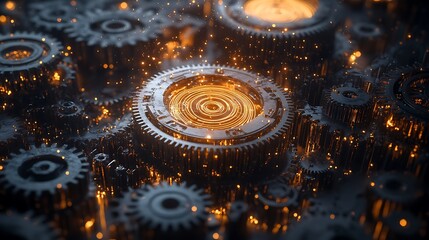 3D render of interlocking gears spinning teamwork and technology concept with dynamic interaction