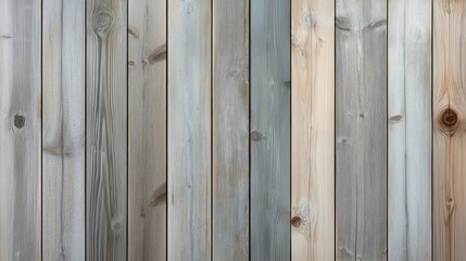 Obraz premium Close-up of a vertically aligned wooden plank wall with varying natural wood colors and textures, featuring visible knots and grain patterns.