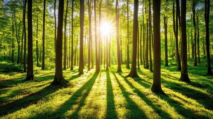 Obraz premium Sunlight filters through tall trees in a peaceful forest, casting soft shadows on the forest floor with a clear space for text.