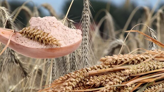 Wheat and flowwer on a wooden spoon