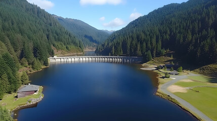 Aerial View of a Dam and Reservoir in a Forested Valley, lake, water, trees, mountains, nature