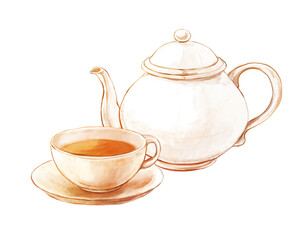 手描き水彩の白のティーポットと紅茶のイラスト