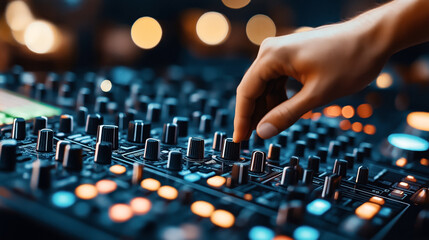 Close-up of a person's hand adjusting knobs on a professional audio mixing console with blurred lights in the background.