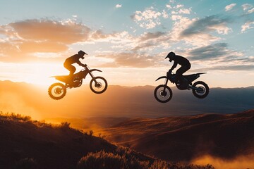 Naklejka premium Two motocross riders perform tricks against a sunset backdrop in an outdoor dirt track setting