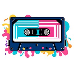 Retro cassette tape with colorful splatter paint and music notes.