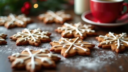 Snowflake-shaped gingerbread cookies, decorated with white icing, are arranged on parchment paper with warm, glowing lights in the background.