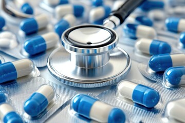 Stethoscope lying on blister packs of blue and white pills symbolizing healthcare