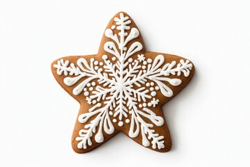 Star-shaped gingerbread cookie decorated with white icing snowflake design