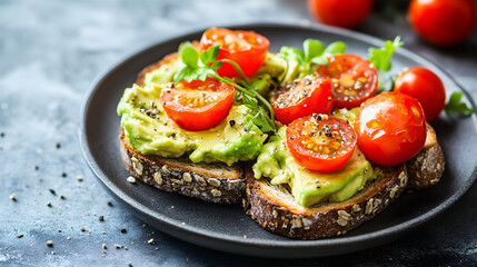 Whole grain toast topped with smashed avocado and cherry tomatoes