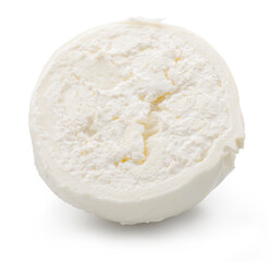 Cross cut of burrata cheese ball with stracciatella and clotted cream inside on white background. File clipping path.
