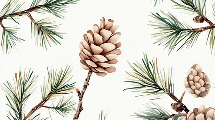 Minimalist watercolor pine branches and pinecones, soft green and brown tones, airy design, seamless pattern