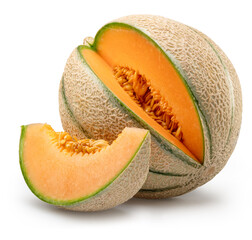 Cantaloupe melon with melon slice isolated on white background. File contains clipping path..
