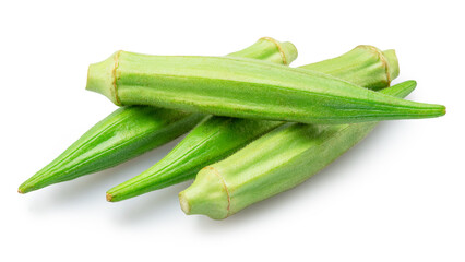 Fresh picked okra green seed pods isolated on white background. File contains clipping path.