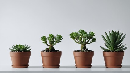 Fototapeta premium Four succulents in terracotta pots on a white surface