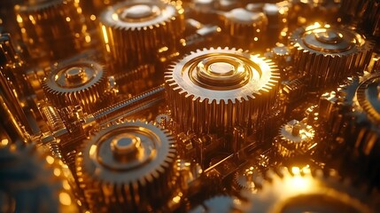 Dynamic spinning gears teamwork technology success concept with synchronized metal gears