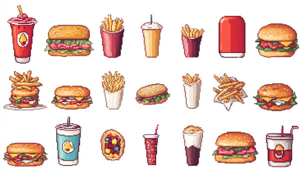 A colorful assortment of fast food items including burgers, fries, and drinks displayed in a playful pixel art style