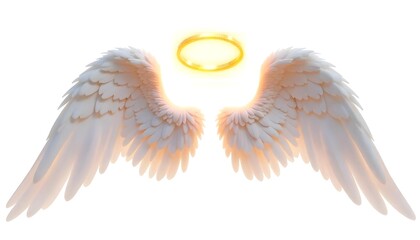 A pair of large isolated white angel wings with a gold halo floating on a plain white background