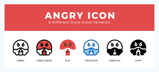 Angry icon set with different styles. Icons designed in filled. outline. flat. glyph and line colored.