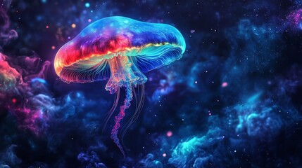colorful magic jellyfish-mushroom world dark space backrgound