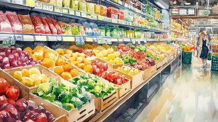 Obraz premium A vibrant watercolor painting showcasing a bustling supermarket produce section with neatly packaged fresh foods and shoppers exploring the colorful aisles of products
