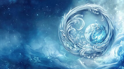 The zodiac sign of Cancer, depicted in shimmering silver, on an abstract watery background with soft blue waves and stars.