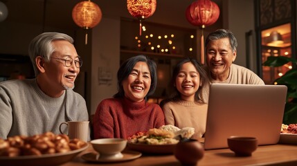A joyful family of four shares laughter and a delicious meal while gathered around a laptop, illuminated by charming lanterns in their cozy home