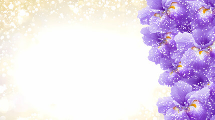 Purple Iris Flower Bouquet Border with Gold Glitter Background, Sparkle, Floral, Nature, Flowers, Beautiful