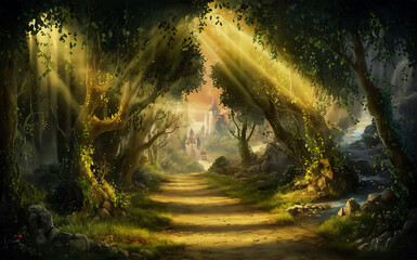 Fototapeta premium Enchanted Forest Path with Sunbeams Peeking Through – Magical Nature Scene Illustration.