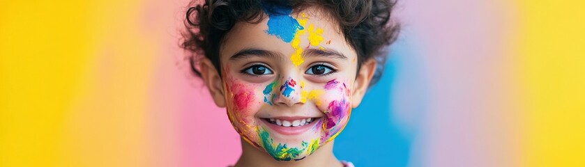 A joyful child with a colorful painted face smiles brightly against a vibrant, gradient background.