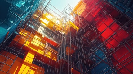 Abstract architectural structure with vibrant colors and a grid pattern, creating a sense of depth and dimension.