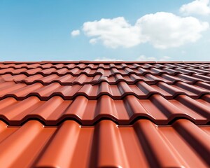 A close-up view of a red-tiled roof against a clear blue sky with fluffy clouds, showcasing the texture and pattern of the tiles.