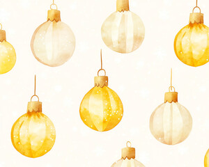 Simple watercolor Christmas bulbs with glowing effect, minimal detail, soft yellow and white, on a...