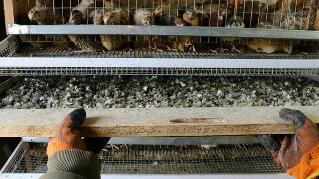a poultry farm worker in orange gloves removes a tray full of droppings from under a cage with domestic quails, cleaning equipment from contamination during cage keeping of domestic small birds