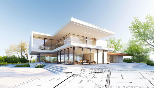 Projet de construction avec plan d'un architecte d'une maison moderne blanche avec de grandes baies vitr&eacute;es