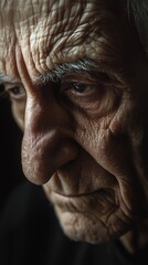 Close-up portrait of an elderly man reflecting, highlighting deep wrinkles and a contemplative expression in natural light.