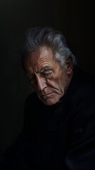 Obraz premium Intimate black and white portrait of an elderly man deep in thought, highlighting age and wisdom through expressive facial features.