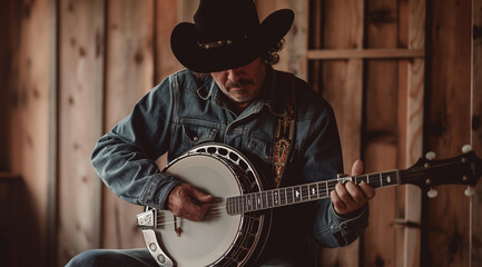 A skilled banjo player captivates with soulful melodies in a rustic wooden cabin