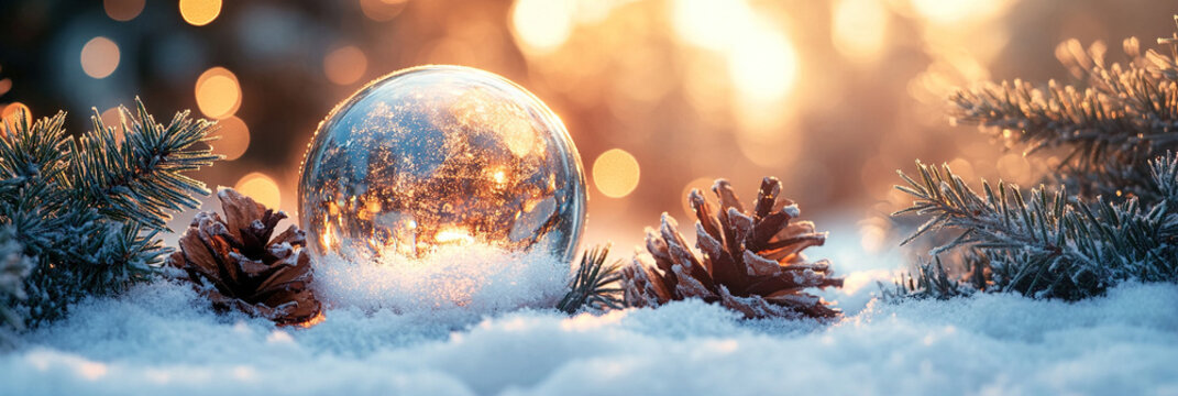 Winter festive background with glass ball, fir tree and cones in snowdrifts in the forest at sunset. Christmas magical snow globe.