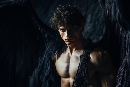  handsome young brutal masculine brunette man with black demon bat wings stands against a dark background, wearing a fantasy Medieval outfit and exposing his muscular body from head to waist. 
