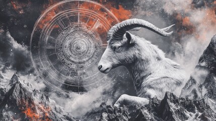 The zodiac symbol for Capricorn, detailed in metallic silver, set on a sophisticated abstract background with mountain and cosmic themes.